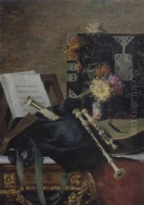 Stilleben Mit Blumen Und Musikanten Und Musikinstrumenten Vor Einem Lackkastchen by Desire de Keghel