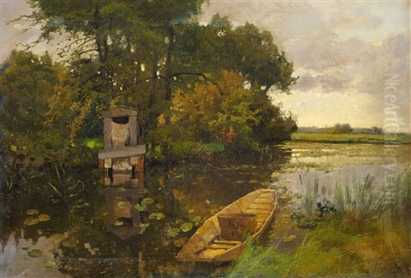 Boot Am Teichufer Bei Einem Kleinen Wehr - view 1