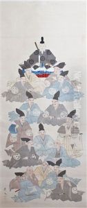 Figurengruppe, Bestehend Aus Dem Shogun Oben An Der Spitze Und 16 Daimyo, Identifizierbar An Ihren Grosen Wappen Auf Der Kleidung Figurengruppe, Bestehend Aus Dem Shogun Oben An Der Spitze Und 16 Daimyo, Identifizierbar An Ihren Grosen Wappen Auf Der Kleidung