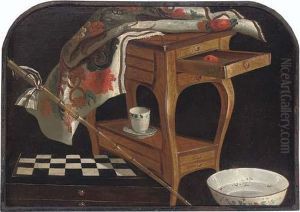 A Partly-draped Louis Xiv Occasional Table, A Chess Board, A Bamboo Cane And A Porcelain Cup And Bowl by Lubin Baugin