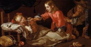 Sleeping Girl With Two Children Playing; And Boys Quarreling by Bernhard Keil, Monsu Bernardo