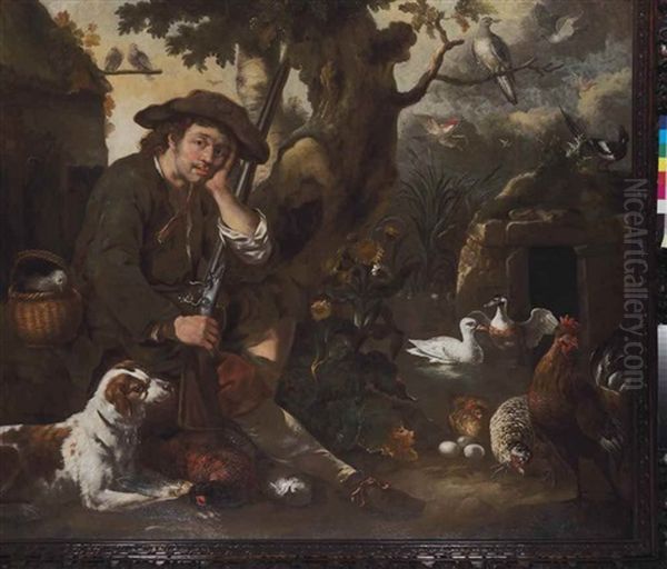 A Huntsman Resting By A Tree With A Hound, Chickens And Other Birds - view 1