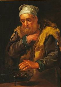 Interior With An Old Man Heating His Hands Over A Brazier. Presumably An Allegory Over The Sense Of Touch