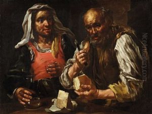 A Pair Of Farmers Eating - The Sense Of Taste by Bernhard Keil, Monsu Bernardo