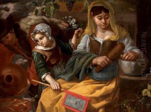 Une Casseuse De Noix Et Deux Enfants Dont L'un Tient Un Exemplaire De La Canzone Delle Lodi Di Madonna Tenerina De Giulio Cesare Croce