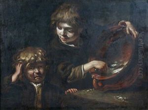 Two Boys Squabbling Over A Bowl Of Gruel