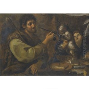 A Shepherd Weighing A Slice Of Ham, Beside A Cat And A Young Boy