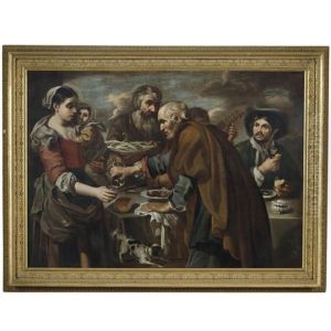 A Roman Street Scene With Peasants Eating And Drinking, Possibly Representing The Five Senses by Bernhard Keil, Monsu Bernardo