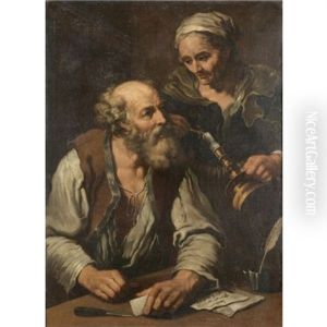 An Interior With An Elderly Lady Holding A Candle Looking Over The Shoulder Of An Elderly Gentleman Seated At A Table