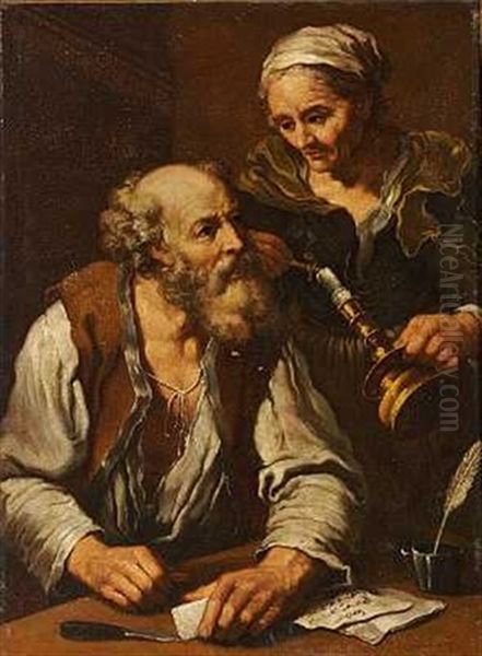 A Man Sealing A Letter, A Woman Beside Him - view 1
