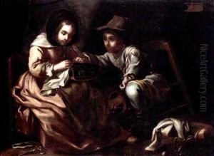 An Interior With A Young Seamstress Together With A Young Boy Carrying A Brazier (an Allegory Of Winter?)