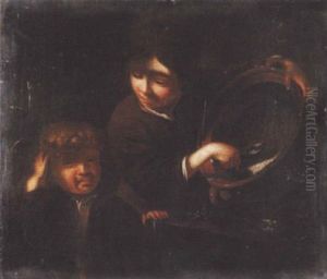A Boy Eating Porridge Out Of A Large Bowl With His Brother Looking On by Bernhard Keil, Monsu Bernardo