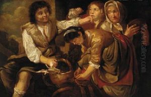 A Maid And A Girl With Two Youths Fighting by Bernhard Keil, Monsu Bernardo
