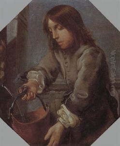 A Boy At A Well Filling A Bucket With Water A Boy At A Well Filling A Bucket With Water