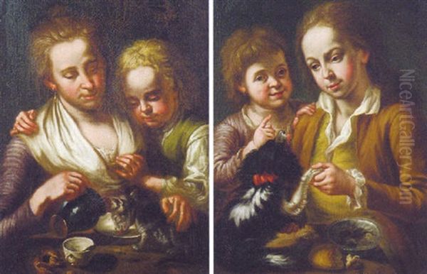 Girls Feeding A Cat - view 1
