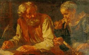 An Old Man And Woman Placing A Wax Seal On A Letter