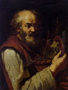 Bearded Peasant Holding A Basket Containing Vine Leaves