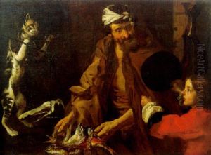A Fishmonger, A Boy And A Cat Weighing A Piece Of Ham On Scales