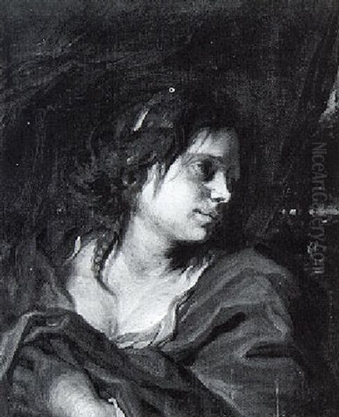A Young Woman Before A Curtain With Landscape Beyond - view 1