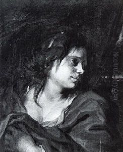 A Young Woman Before A Curtain With Landscape Beyond