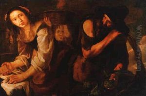 A Washerwoman And Her Family At Market by Bernhard Keil, Monsu Bernardo