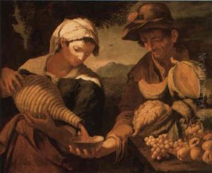 A Serving Girl Pouring Wine For A Fruit Seller by Bernhard Keil, Monsu Bernardo