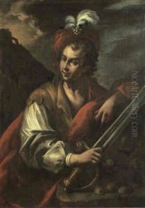 David Clutching His Sword In His Right Hand And Leaning Against The Head Of Goliath On A Stone Plinth by Bernhard Keil, Monsu Bernardo