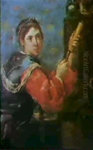 A Study Of A Young Girl Holding A Large Veterinary Syringe  Watched By A Seated Cat On A Wall by Bernhard Keil, Monsu Bernardo