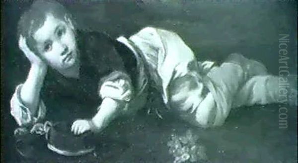 A Reclining Boy Leaning On His Elbow, Holding Onto A Hat With His Left Hand - view 1