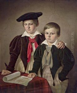 Kniestuck Zweier Knaben Am Tisch by Friedrich Keil