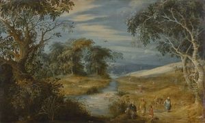A Wooded Landscape With Figures On The Bank Of A River, A Windmill In The Distance by Alexander Keirincx