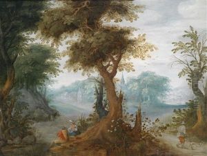 Bewaldete Landschaft Mit Einem Dorf Und Wanderern