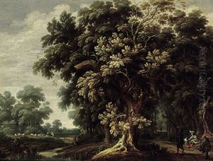Waldlandschaft Mit Kleinem Bachlauf, Dahinter Weide Mit Schafherde Und Zwei Hirten by Alexander Keirincx