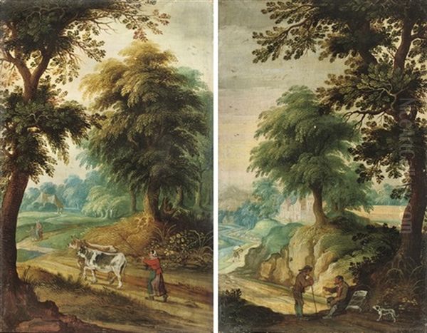 A Woman Herding Two Cows (+ Two Travellers Conversing On A Track; Pair) - view 1