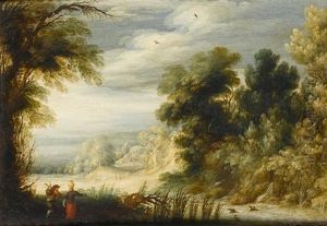 A Wooded River Landscape With A Peasant Couple Collecting Wild Produce And Water Beside A Waterfall A Wooded River Landscape With A Peasant Couple Collecting Wild Produce And Water Beside A Waterfall