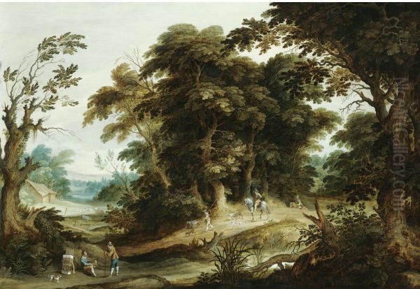 A Wooded Landscape With A Poultry-seller, Travellers And Dogs On A Path Beyond - view 1