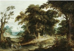 A Wooded Landscape With A Poultry-seller, Travellers And Dogs On A Path Beyond