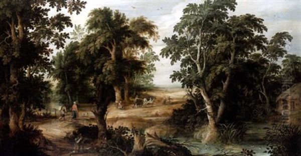 A Wooded Landscape With A Hunter And His Dog Beside A Pool, Travellers On A Path Beyond - view 1