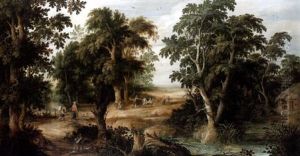 A Wooded Landscape With A Hunter And His Dog Beside A Pool, Travellers On A Path Beyond by Alexander Keirincx