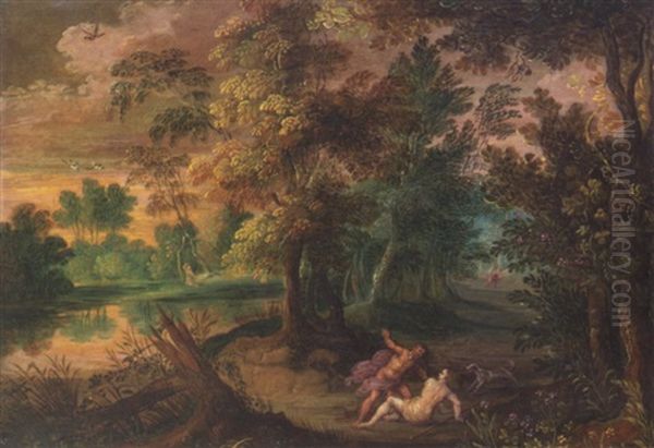 Hunters In A Wooded Landscape - view 1