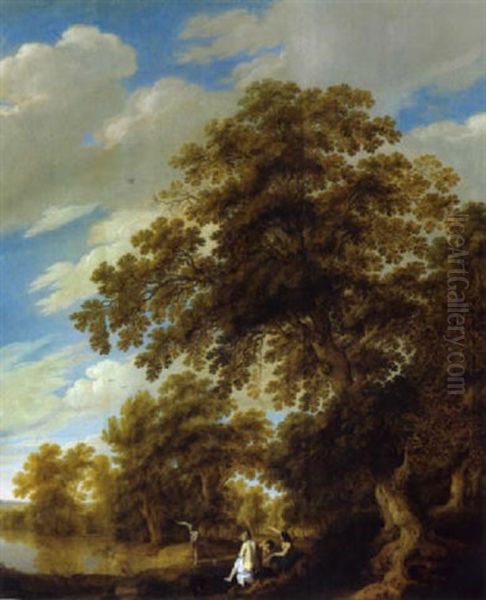 Nymphen Mit Fluchtenden Hirschen Und Einem Reh An Einem Waldteich - view 1