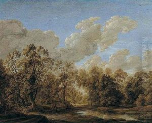 A Landscape With A Pond At The Margin Of A Wood And Figures On A Track