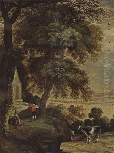 A Wooded Landscape With Figures And Cows Resting On A Path Near A Church - view 1