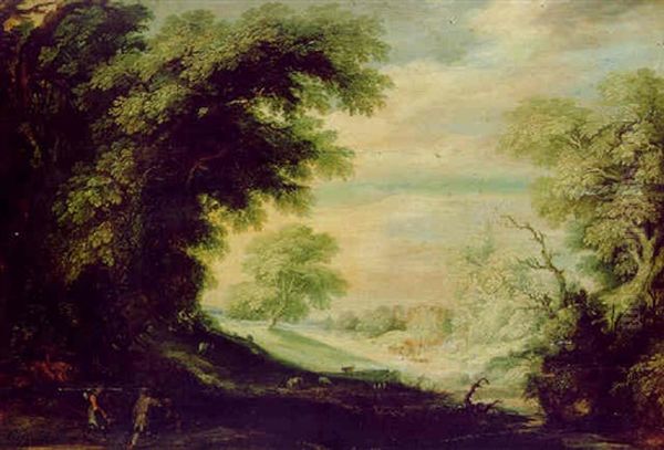 Bewaldete Landschaft Mit Einem Rundtempel Und Figuren - view 1