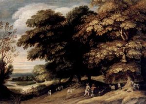 A Wooded Landscape With Two Herdsmen Driving Goats Down A Track