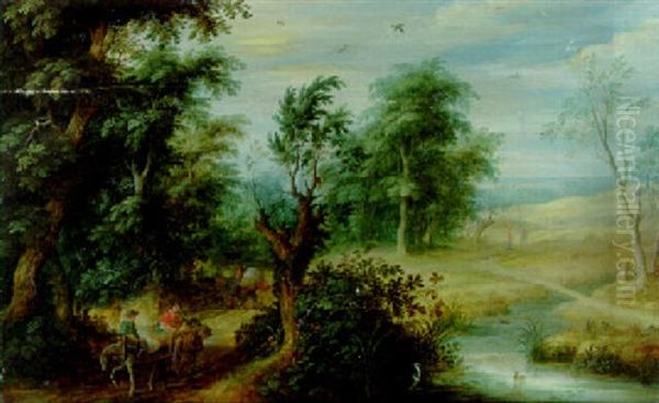 Wooded River Landscape With Peasants, A Cart And Travellers On A Path - view 1