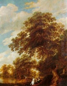 Nymphs Hunting Deer By A Pond In A Wooded Landscape by Alexander Keirincx