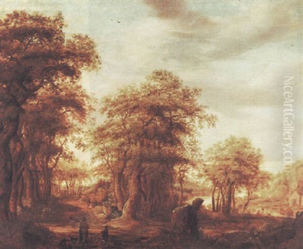 A Wooded River Landscape With Huntsmen On A Path In Foreground - view 1