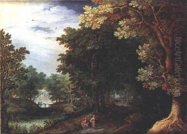 Paysage Boise Pres D'une Riviere Avec Deux Personnages Sur Un Chemin - view 1