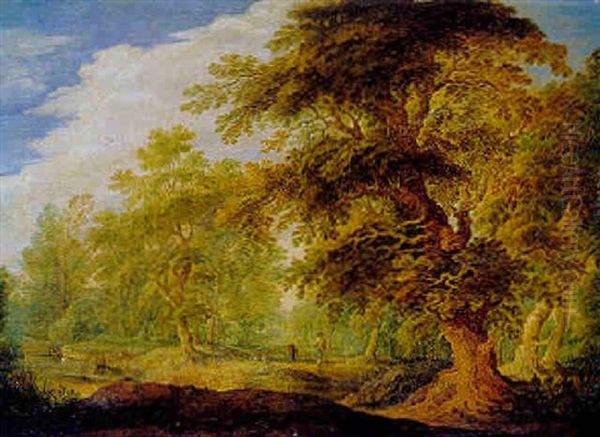 Sommerliche Waldlandschaft Mit Wanderern - view 1